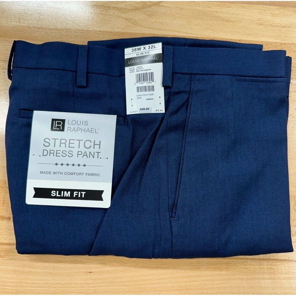 Louis Raphael Men's Slim Fit Dress Pants 38x32 Navy Straight Mini Herringbone - Picture 2 of 5